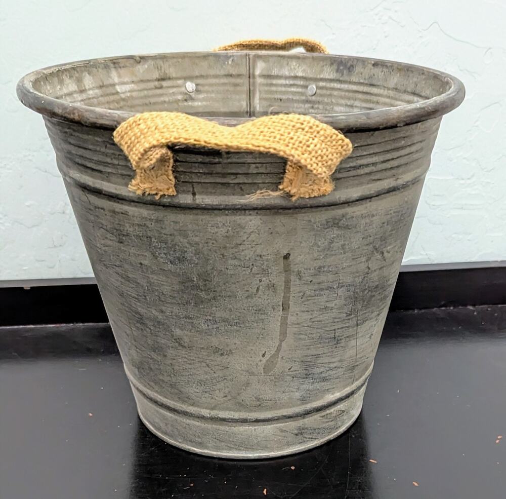 Vintage Galvanized Metal Bucket Planter French Zinc Watertight Burlap 7.75"